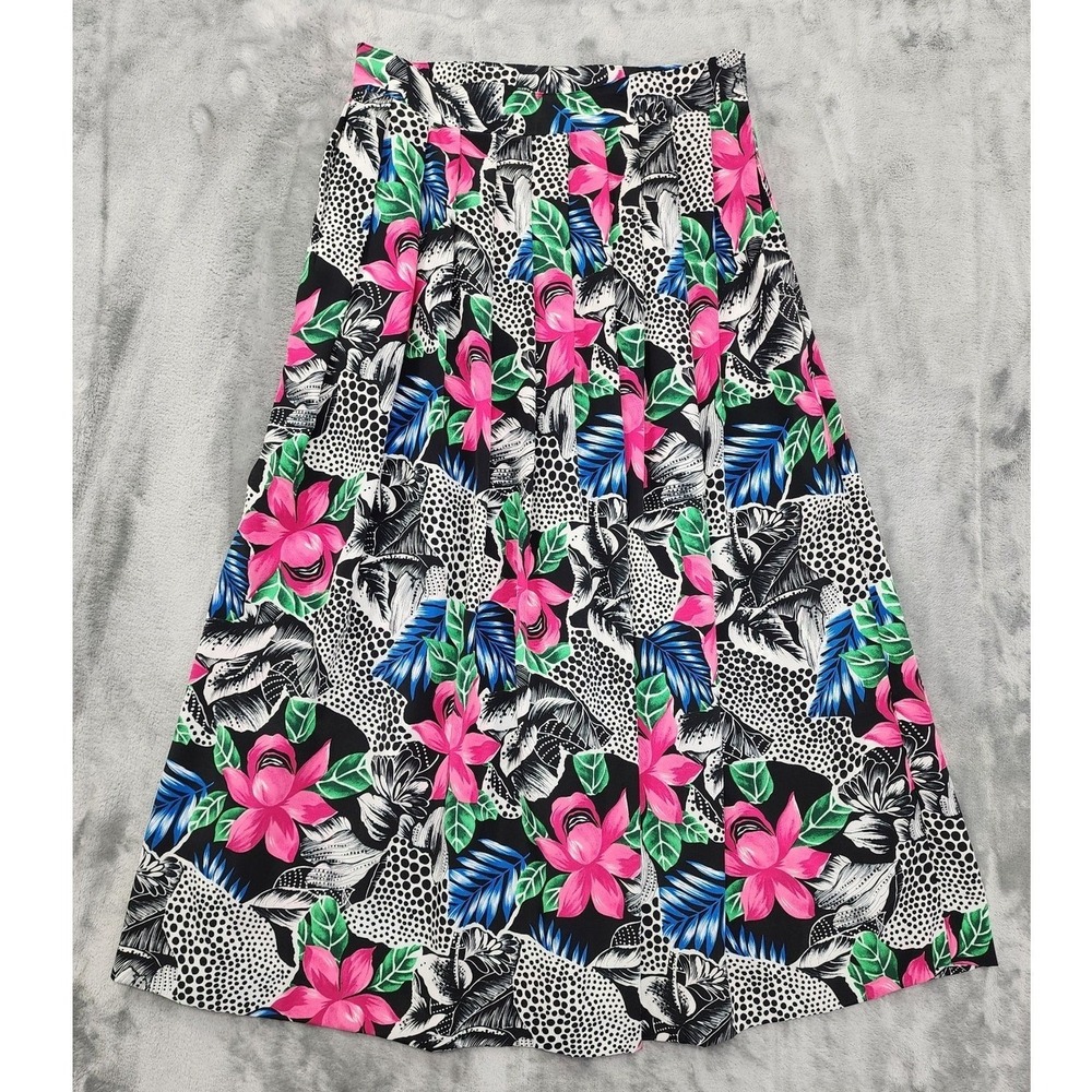 Vintage Leslie Fay Skirt Womens‎ M Multicolor Floral Animal Print Pleated Midi